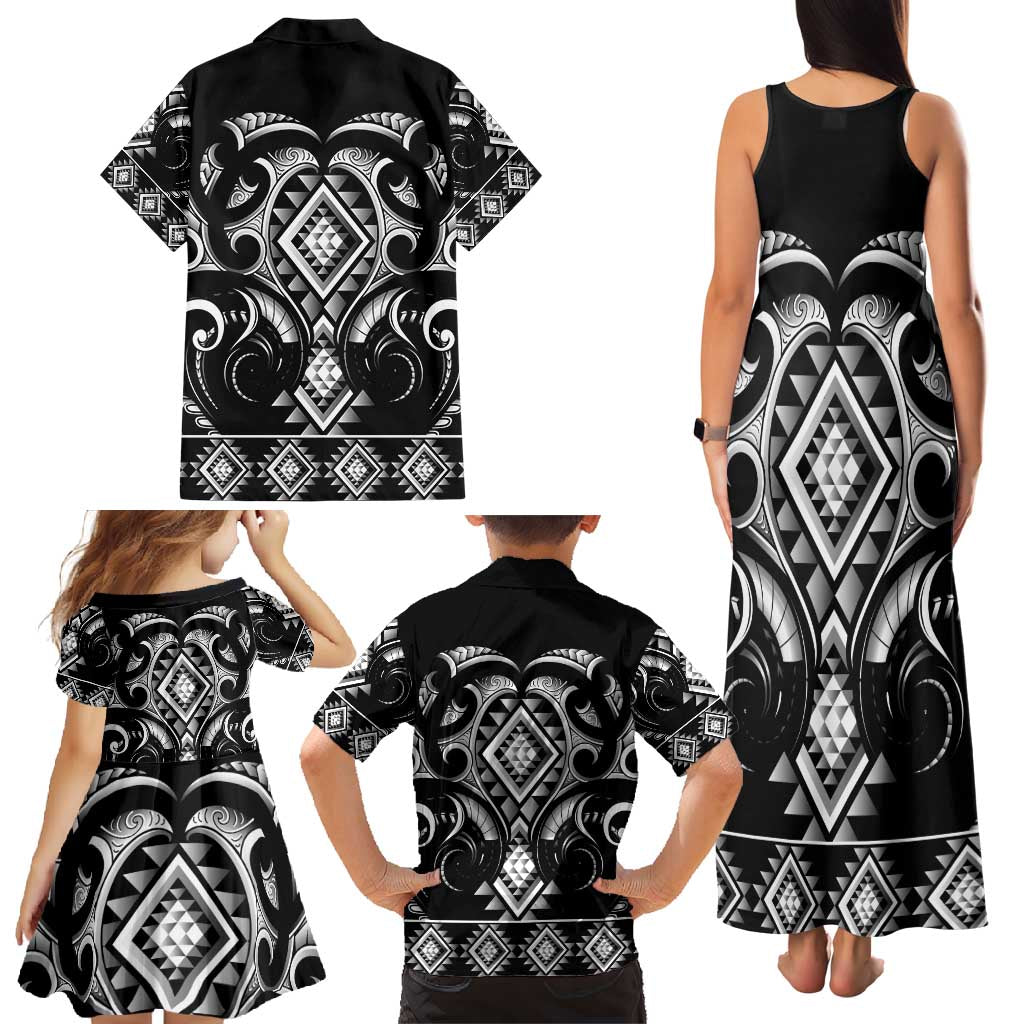 Black Ngaru Taniko With Aotearoa Maori Tattoo Family Matching Tank Maxi Dress and Hawaiian Shirt LT14 - Polynesian Pride