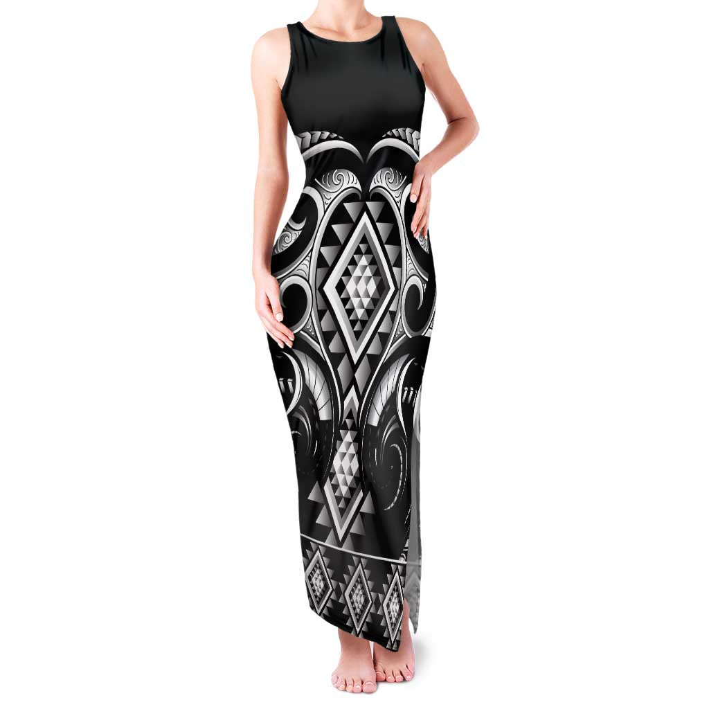 Black Ngaru Taniko With Aotearoa Maori Tattoo Family Matching Tank Maxi Dress and Hawaiian Shirt LT14 Mom's Dress Black - Polynesian Pride
