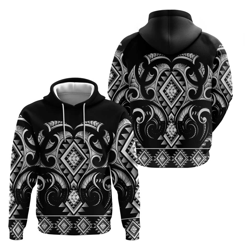 Black Ngaru Taniko With Aotearoa Maori Tattoo Hoodie LT14 - Polynesian Pride