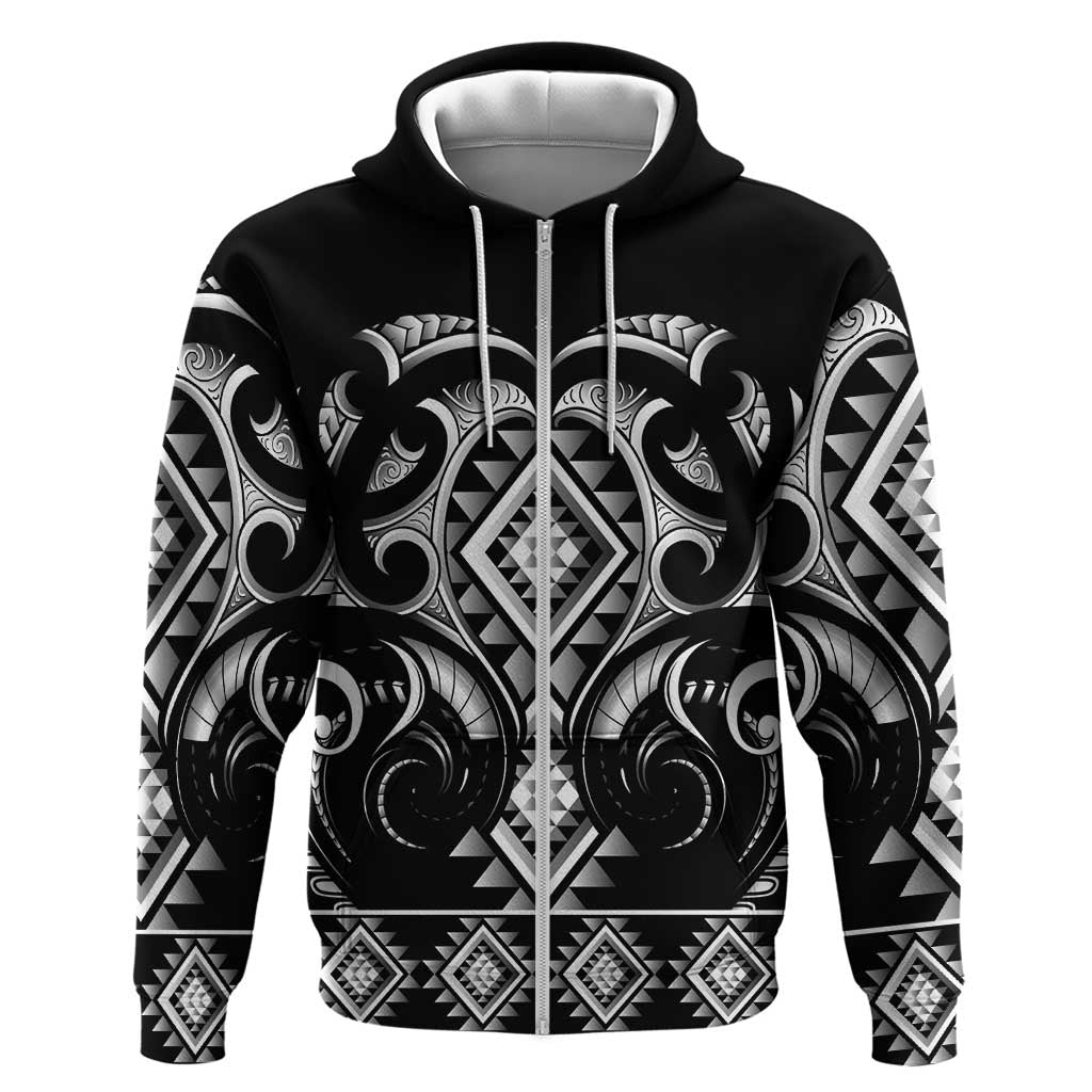 Black Ngaru Taniko With Aotearoa Maori Tattoo Hoodie LT14 Zip Hoodie Black - Polynesian Pride