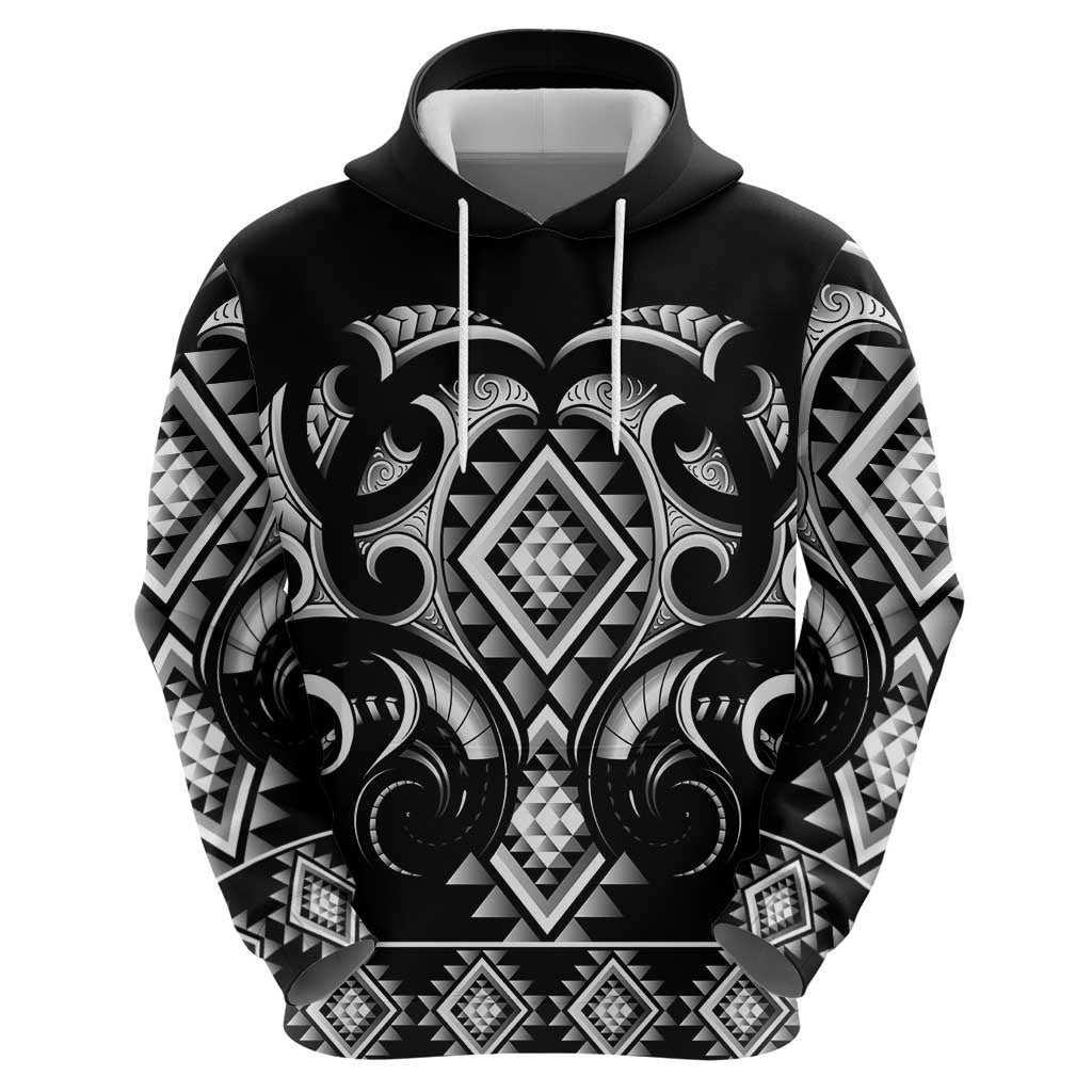 Black Ngaru Taniko With Aotearoa Maori Tattoo Hoodie LT14 - Polynesian Pride