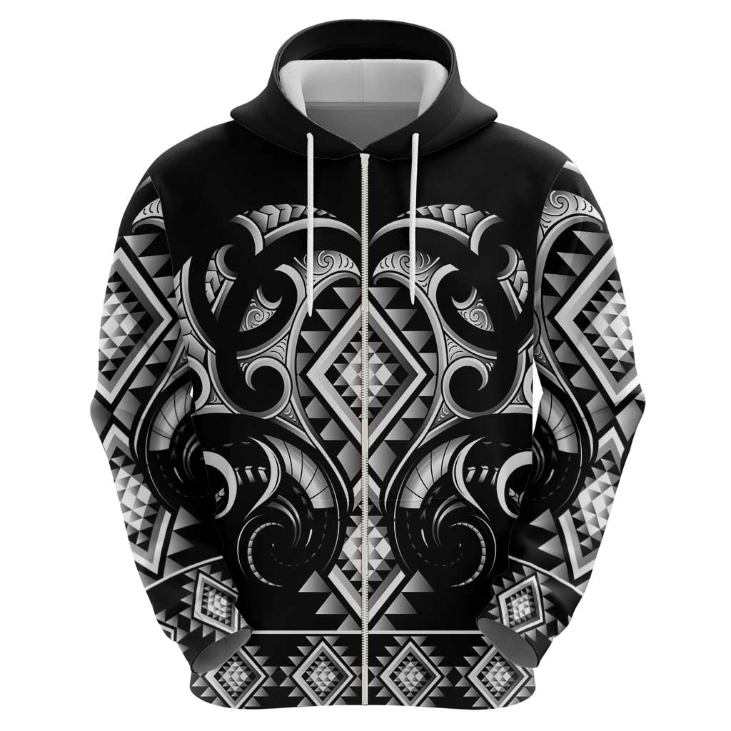 Black Ngaru Taniko With Aotearoa Maori Tattoo Hoodie LT14 - Polynesian Pride