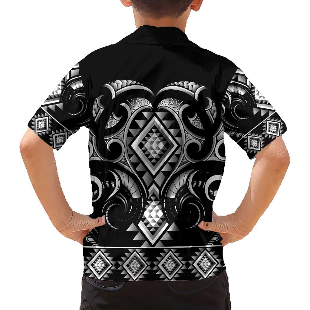 Black Ngaru Taniko With Aotearoa Maori Tattoo Kid Hawaiian Shirt