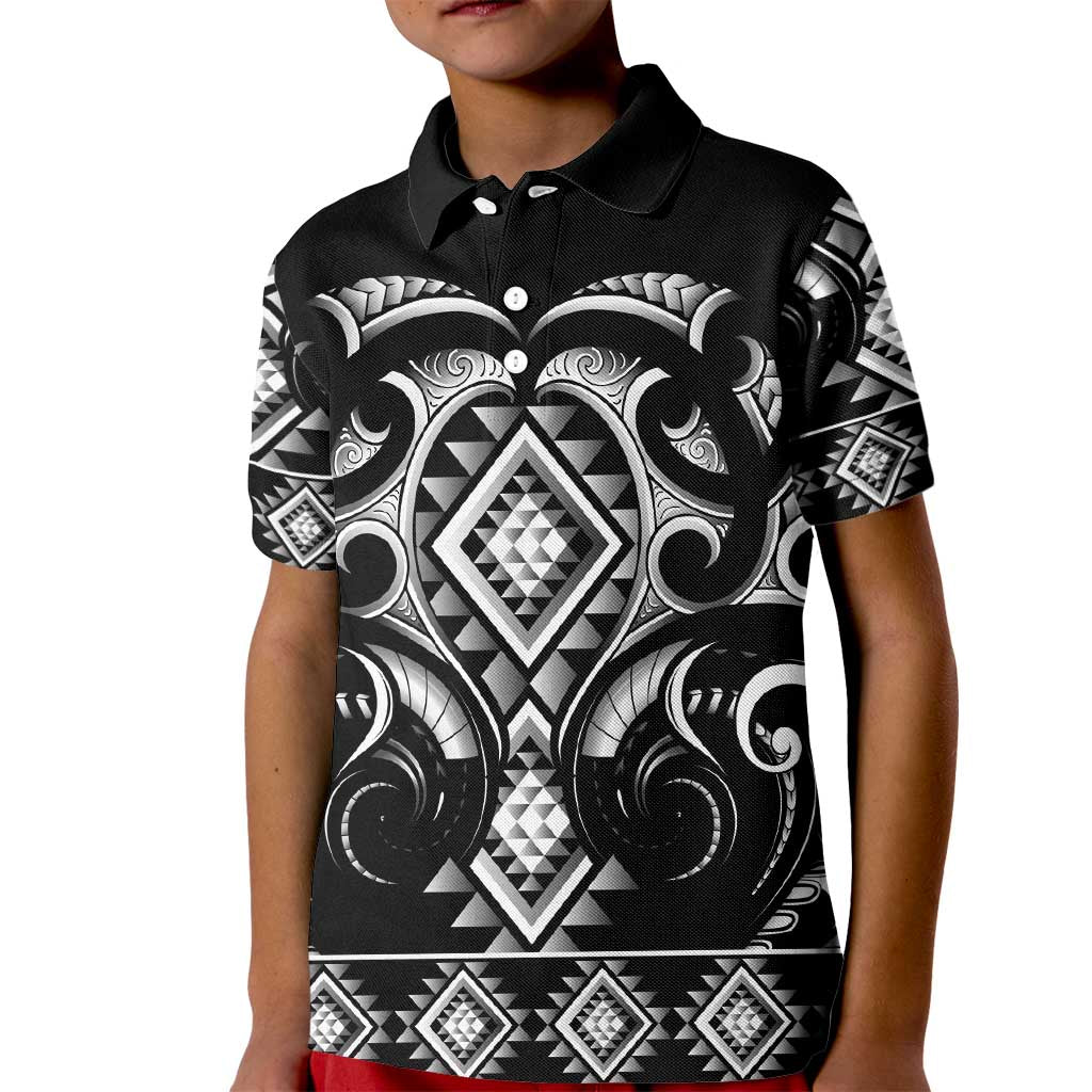 Black Ngaru Taniko With Aotearoa Maori Tattoo Kid Polo Shirt
