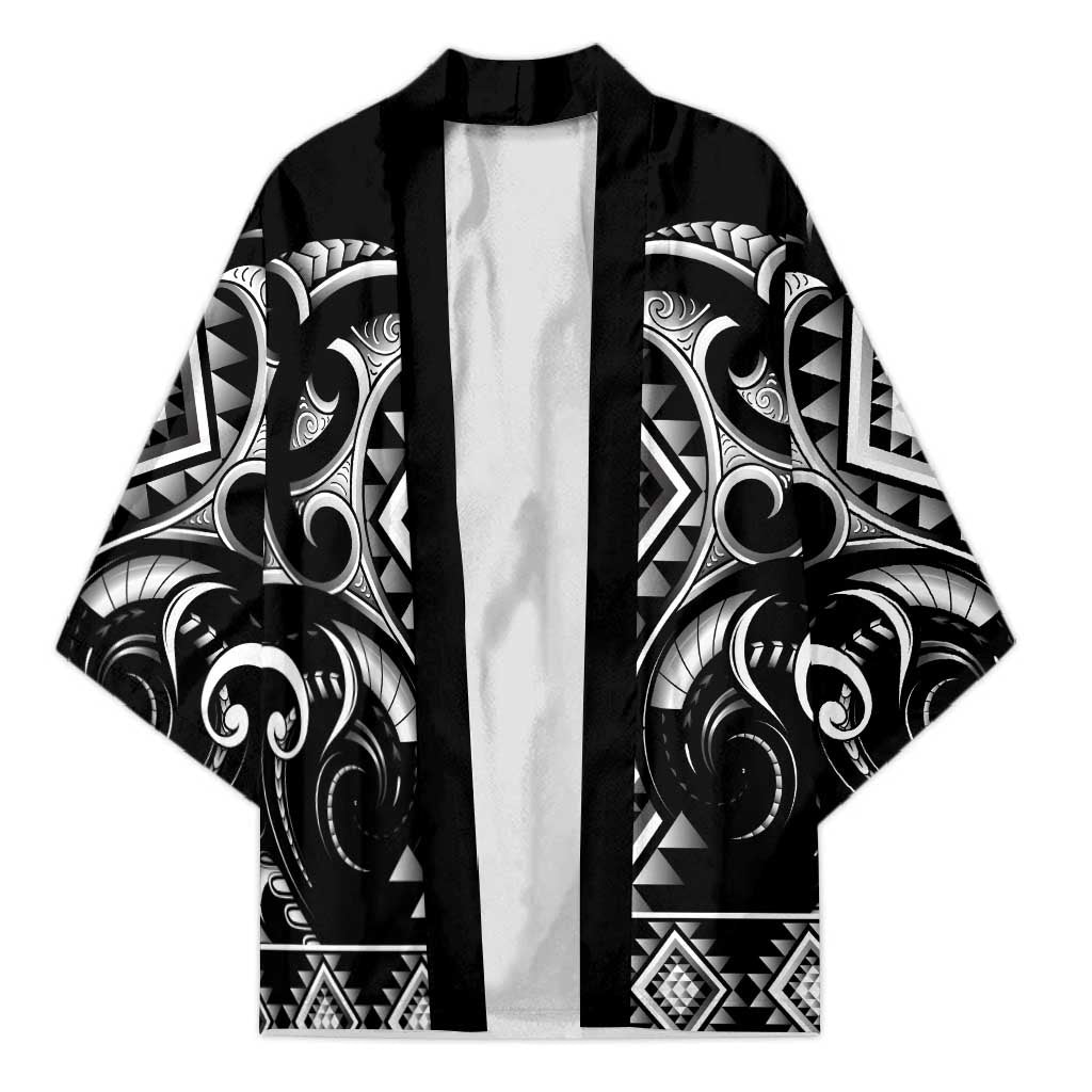 Black Ngaru Taniko With Aotearoa Maori Tattoo Kimono LT14 Unisex Black - Polynesian Pride