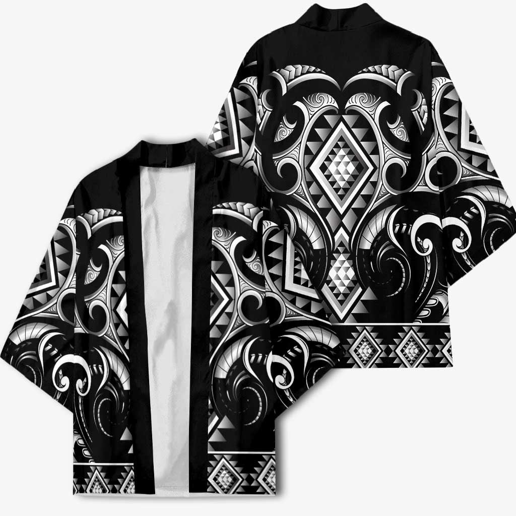 Black Ngaru Taniko With Aotearoa Maori Tattoo Kimono LT14 - Polynesian Pride