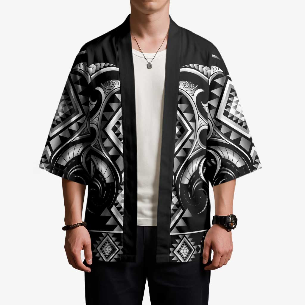 Black Ngaru Taniko With Aotearoa Maori Tattoo Kimono LT14 - Polynesian Pride
