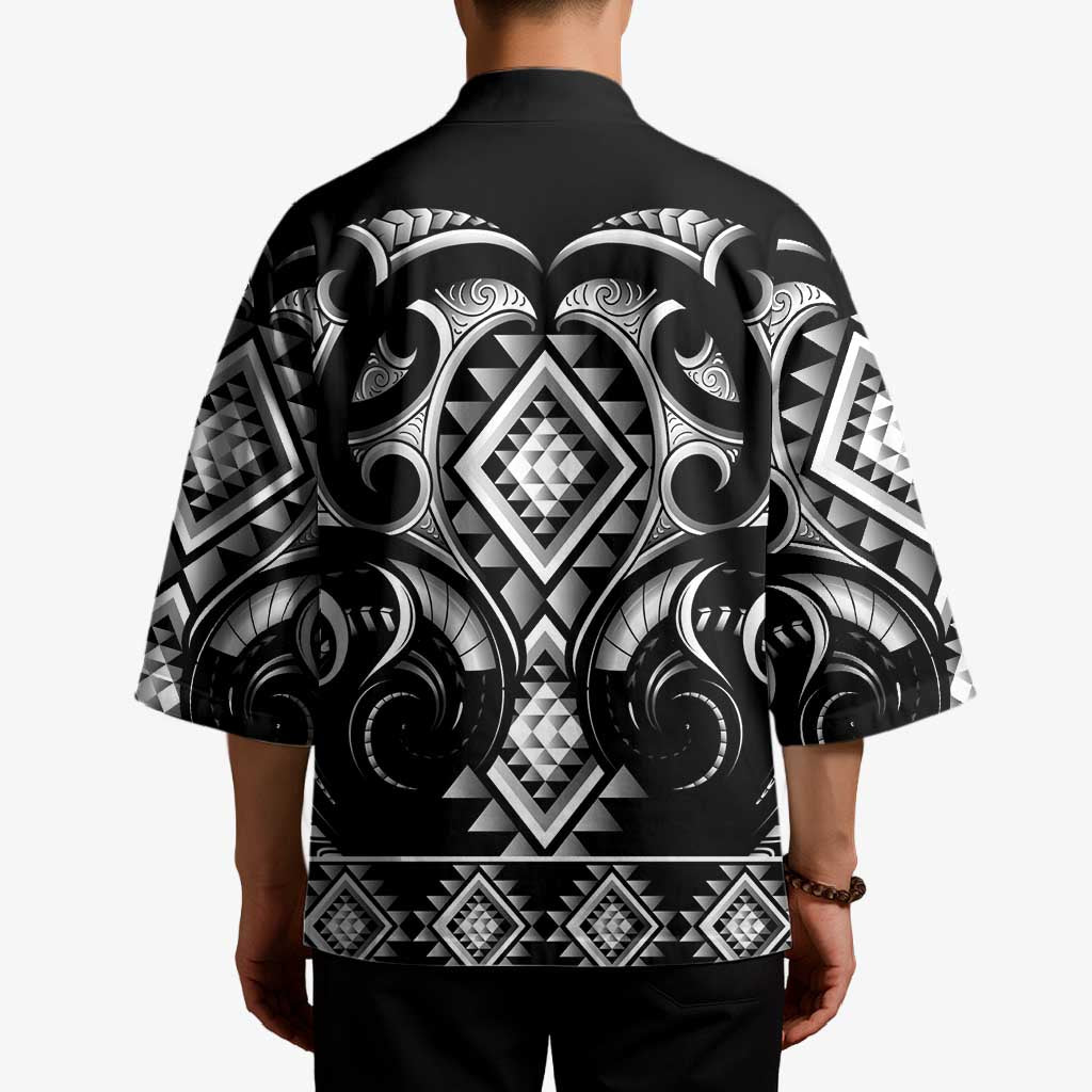 Black Ngaru Taniko With Aotearoa Maori Tattoo Kimono LT14 - Polynesian Pride