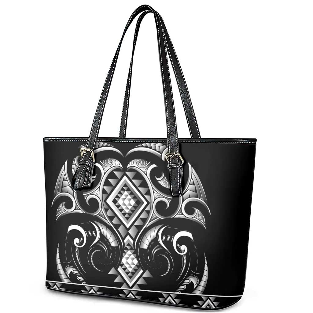 Black Ngaru Taniko With Aotearoa Maori Tattoo Leather Tote Bag