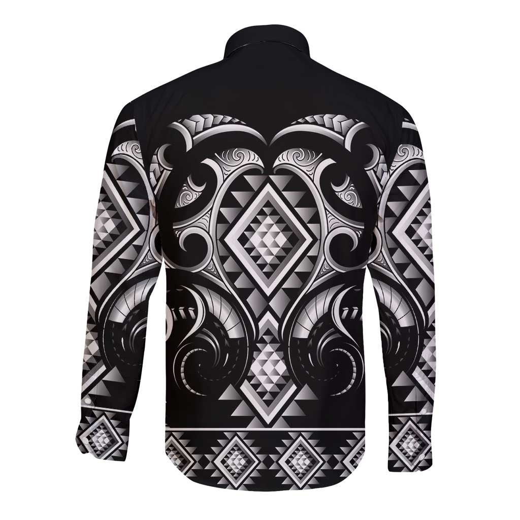 Black Ngaru Taniko With Aotearoa Maori Tattoo Long Sleeve Button Shirt