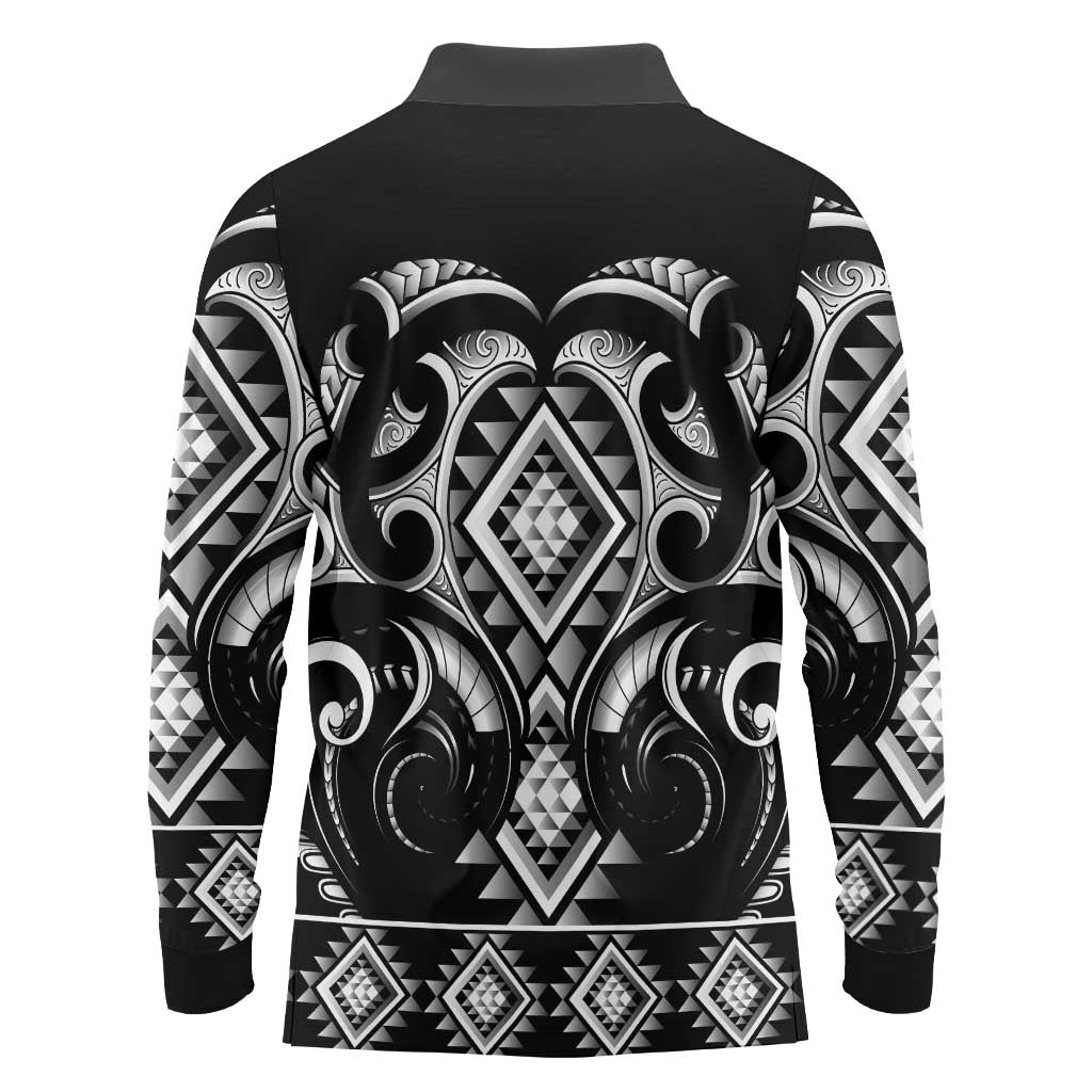 Black Ngaru Taniko With Aotearoa Maori Tattoo Long Sleeve Polo Shirt