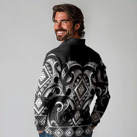 Black Ngaru Taniko With Aotearoa Maori Tattoo Long Sleeve Polo Shirt