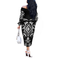 Black Ngaru Taniko With Aotearoa Maori Tattoo Off The Shoulder Long Sleeve Dress