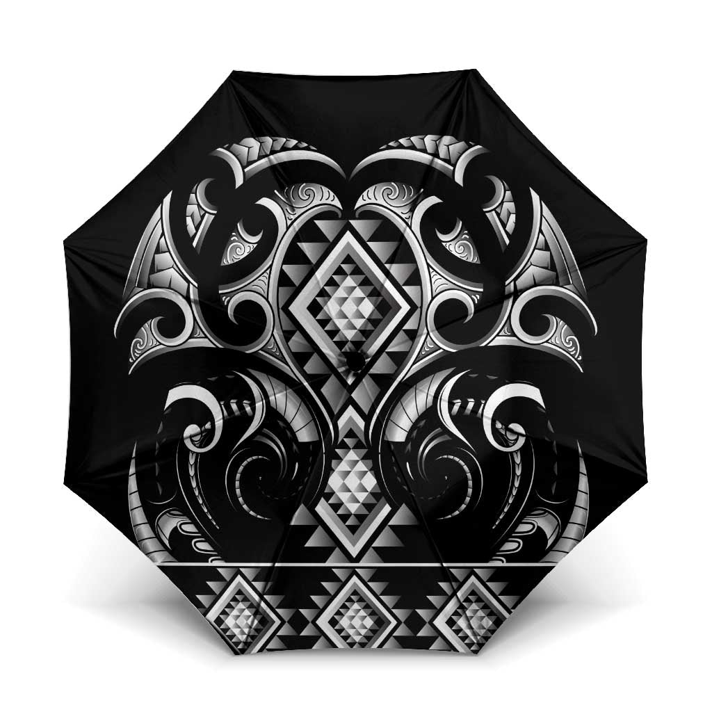 Black Ngaru Taniko With Aotearoa Maori Tattoo Umbrella LT14 One Size Folded 11.42 inch Opened Diameter 37.4 inch Black - Polynesian Pride