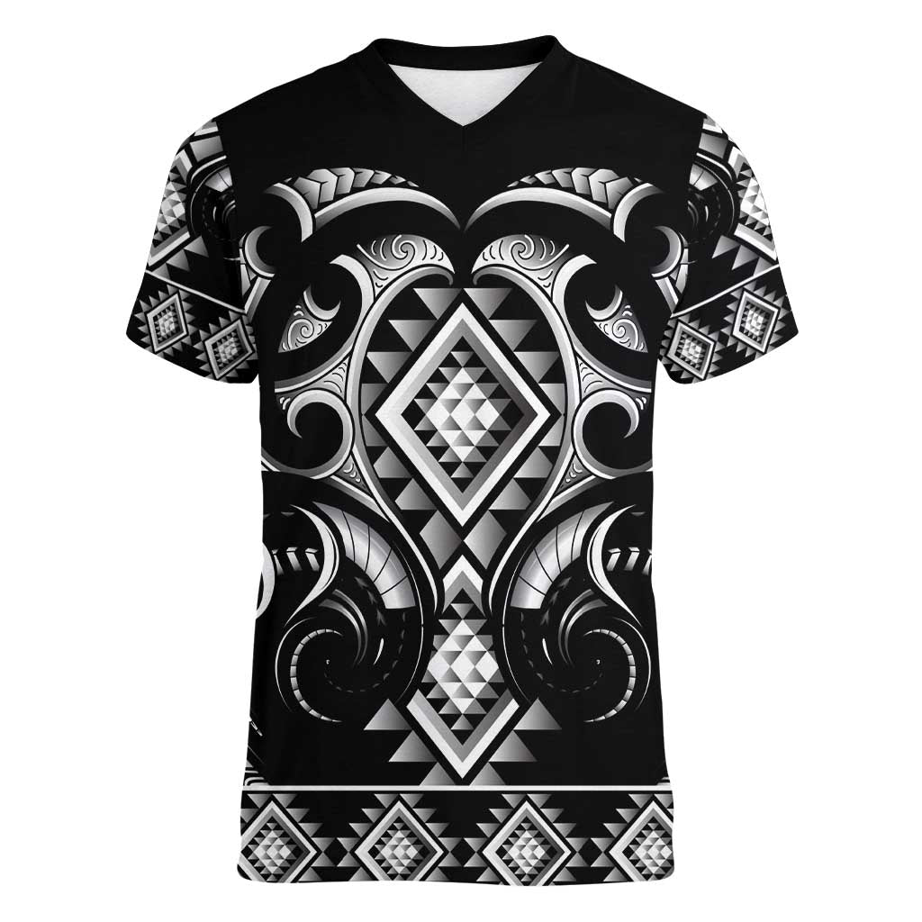 Black Ngaru Taniko With Aotearoa Maori Tattoo Women V-Neck T-Shirt