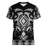 Black Ngaru Taniko With Aotearoa Maori Tattoo Women V-Neck T-Shirt
