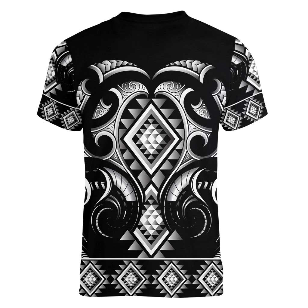Black Ngaru Taniko With Aotearoa Maori Tattoo Women V-Neck T-Shirt