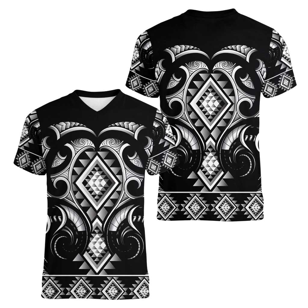 Black Ngaru Taniko With Aotearoa Maori Tattoo Women V-Neck T-Shirt