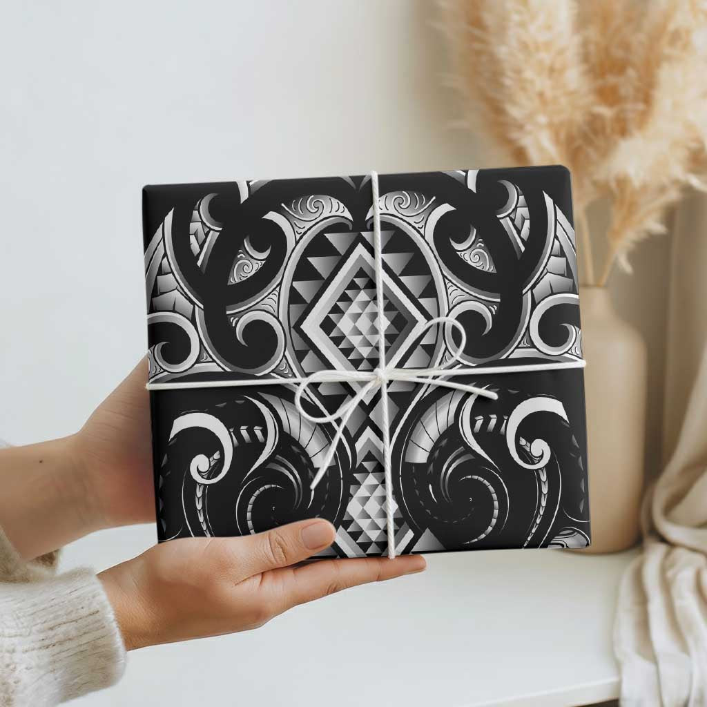 Black Ngaru Taniko With Aotearoa Maori Tattoo Wrapping Paper - Polynesian Pride