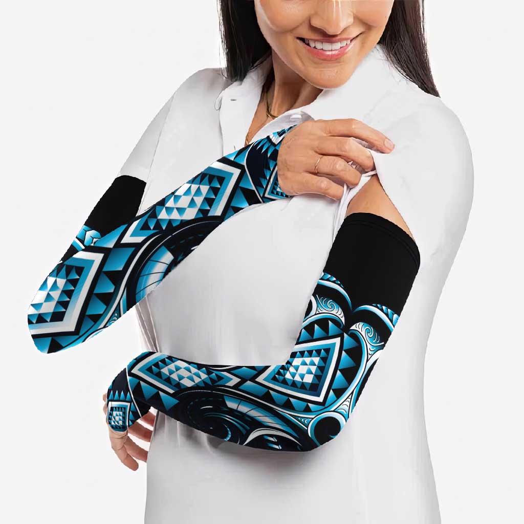 Blue Ngaru Taniko With Aotearoa Maori Tattoo Arm Sleeves - Polynesian Pride