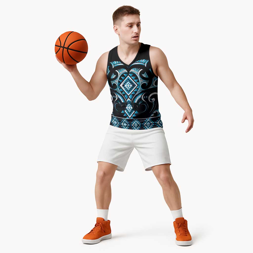 Blue Ngaru Taniko With Aotearoa Maori Tattoo Basketball Jersey - Polynesian Pride