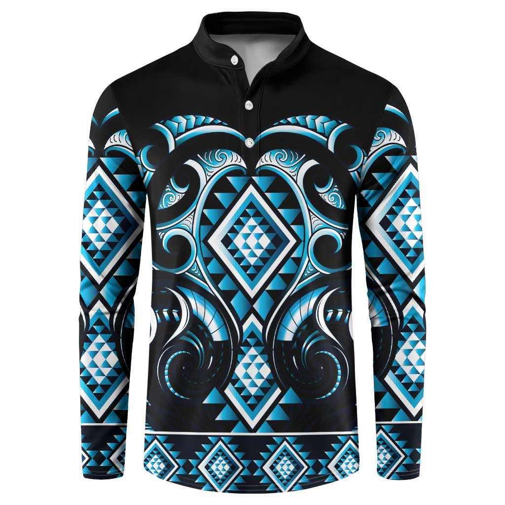Blue Ngaru Taniko With Aotearoa Maori Tattoo Button Sweatshirt