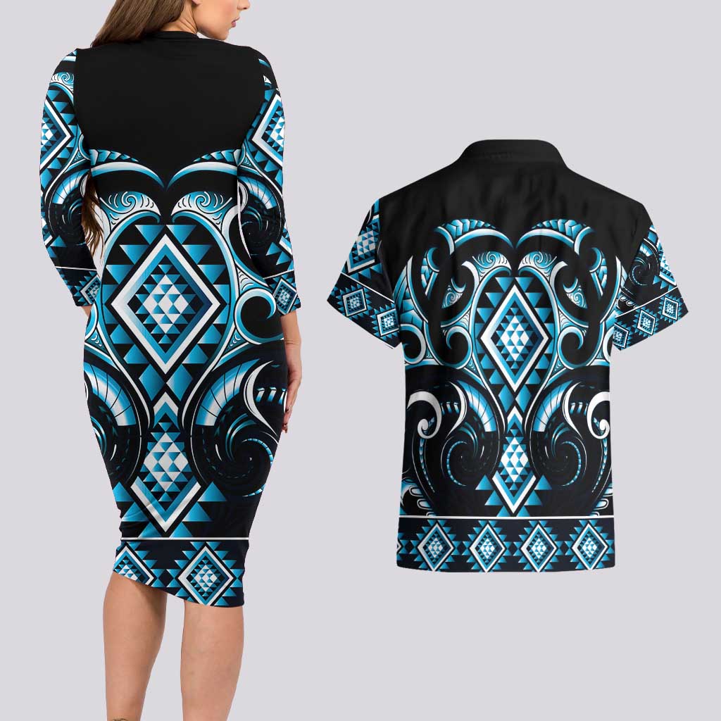 Blue Ngaru Taniko With Aotearoa Maori Tattoo Couples Matching Long Sleeve Bodycon Dress and Hawaiian Shirt LT14 - Polynesian Pride