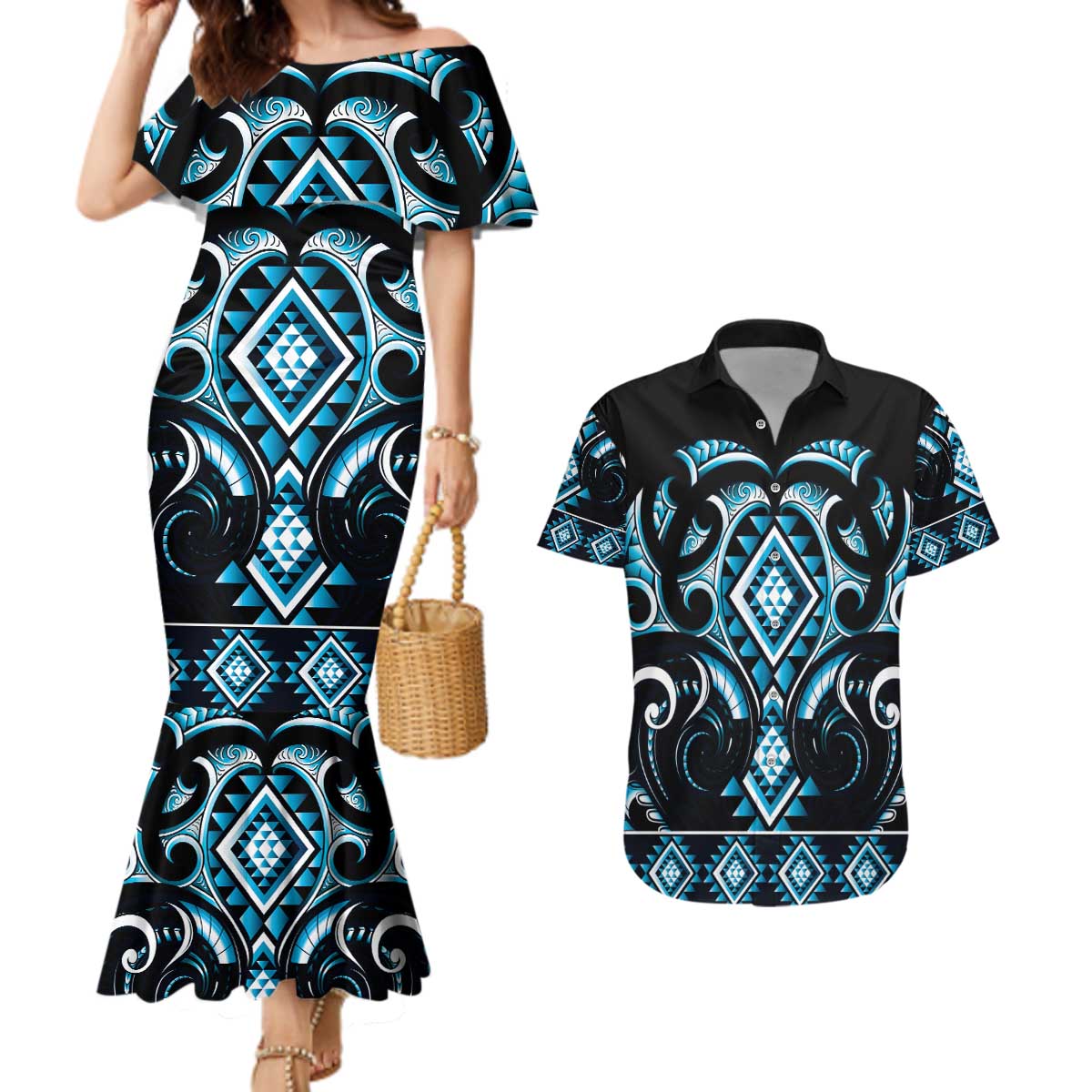 Blue Ngaru Taniko With Aotearoa Maori Tattoo Couples Matching Mermaid Dress and Hawaiian Shirt LT14 Blue - Polynesian Pride