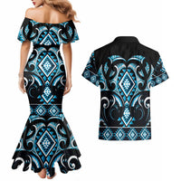 Blue Ngaru Taniko With Aotearoa Maori Tattoo Couples Matching Mermaid Dress and Hawaiian Shirt LT14 - Polynesian Pride