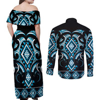 Blue Ngaru Taniko With Aotearoa Maori Tattoo Couples Matching Off Shoulder Maxi Dress and Long Sleeve Button Shirt