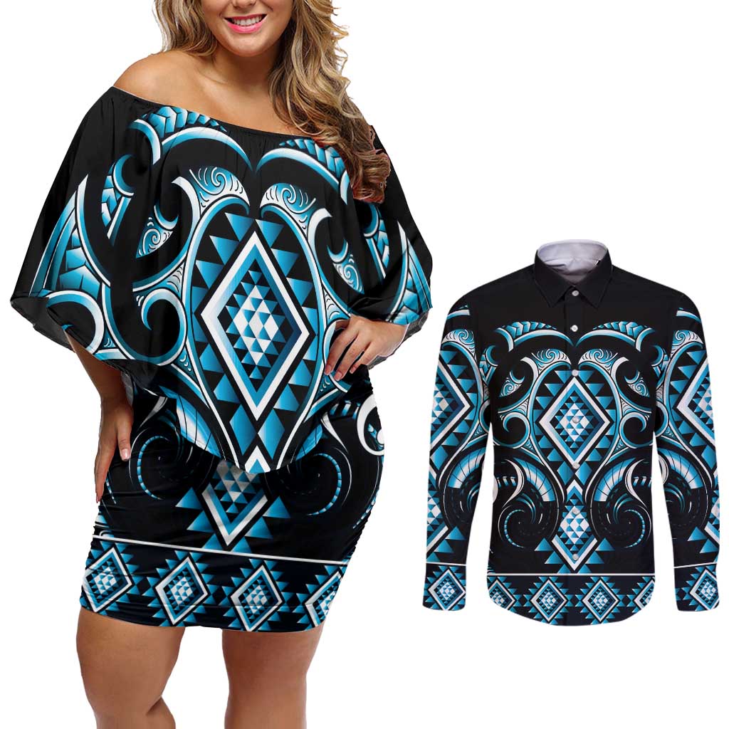 Blue Ngaru Taniko With Aotearoa Maori Tattoo Couples Matching Off Shoulder Short Dress and Long Sleeve Button Shirt