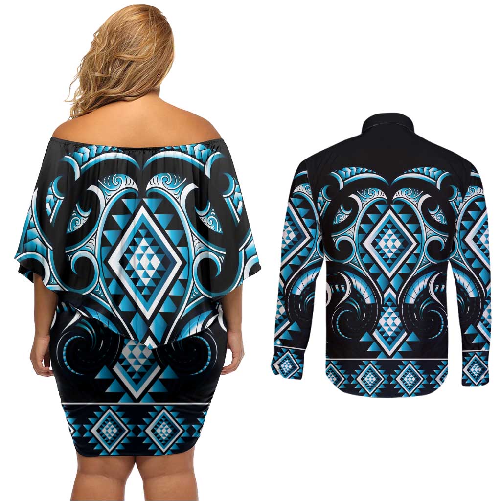 Blue Ngaru Taniko With Aotearoa Maori Tattoo Couples Matching Off Shoulder Short Dress and Long Sleeve Button Shirt
