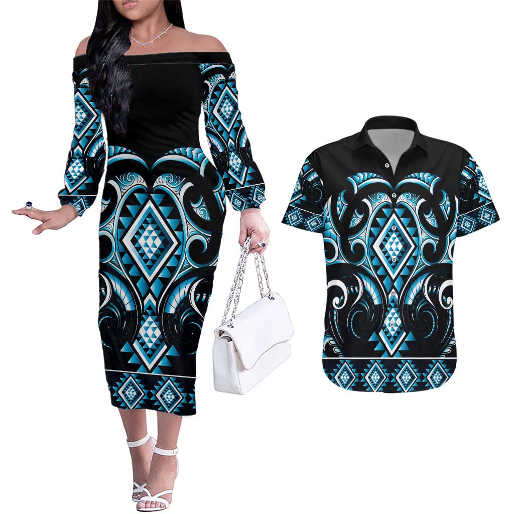 Blue Ngaru Taniko With Aotearoa Maori Tattoo Couples Matching Off The Shoulder Long Sleeve Dress and Hawaiian Shirt LT14 Blue - Polynesian Pride