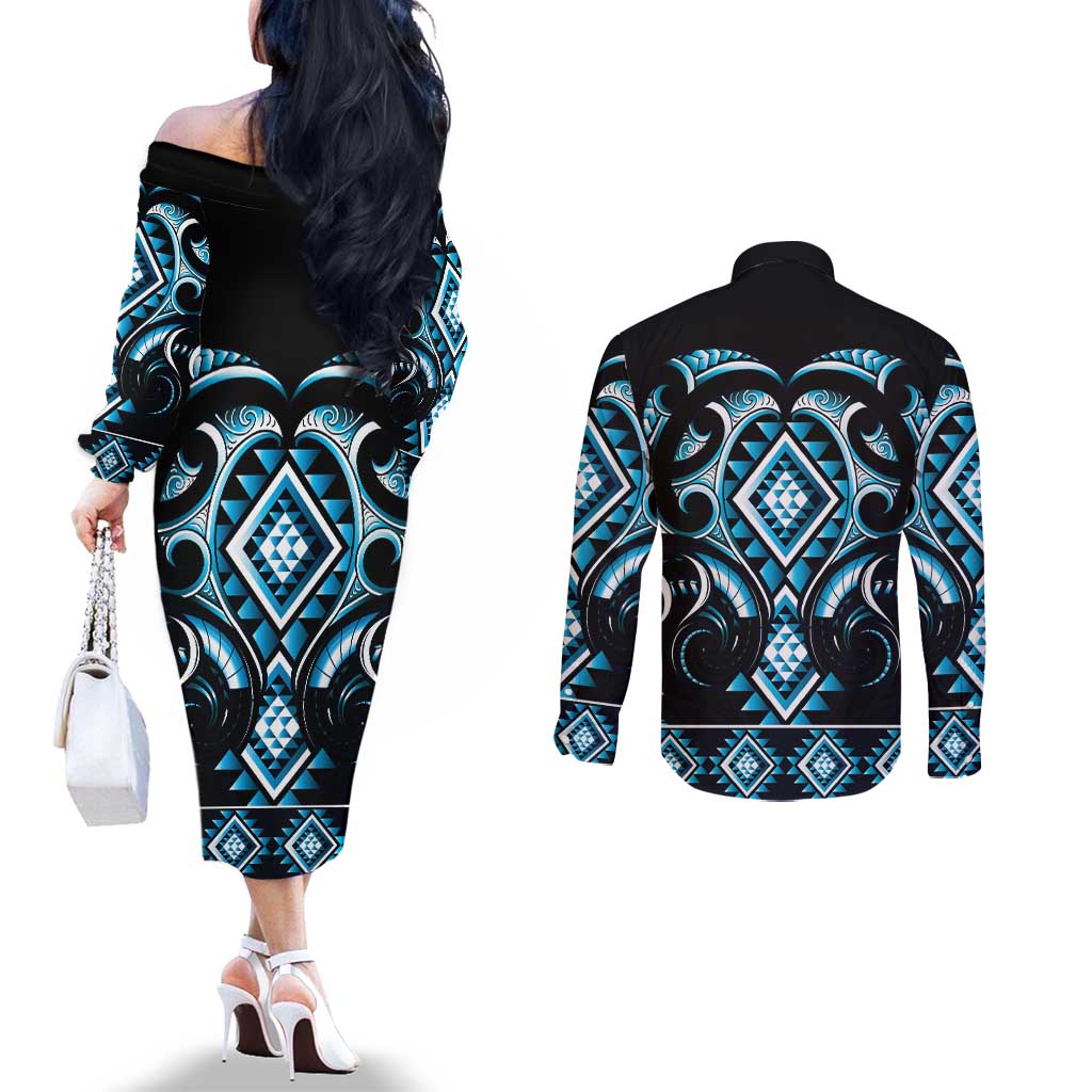 Blue Ngaru Taniko With Aotearoa Maori Tattoo Couples Matching Off The Shoulder Long Sleeve Dress and Long Sleeve Button Shirt