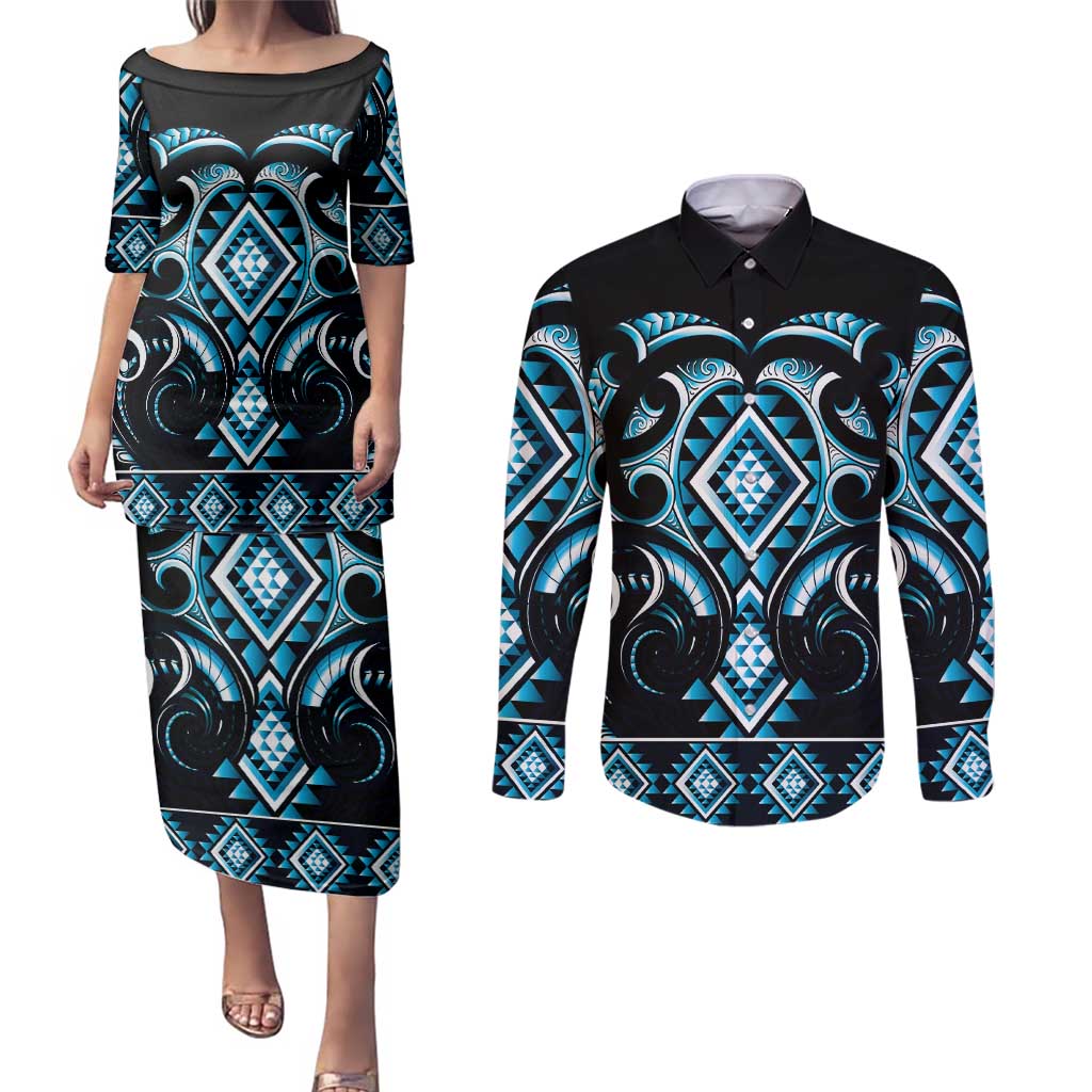 Blue Ngaru Taniko With Aotearoa Maori Tattoo Couples Matching Puletasi and Long Sleeve Button Shirt LT14 Blue - Polynesian Pride