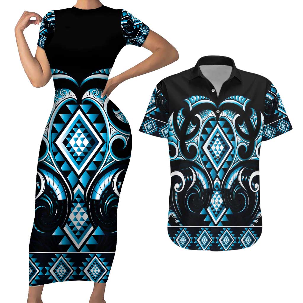 Blue Ngaru Taniko With Aotearoa Maori Tattoo Couples Matching Short Sleeve Bodycon Dress and Hawaiian Shirt LT14 Blue - Polynesian Pride