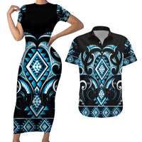 Blue Ngaru Taniko With Aotearoa Maori Tattoo Couples Matching Short Sleeve Bodycon Dress and Hawaiian Shirt LT14 Blue - Polynesian Pride