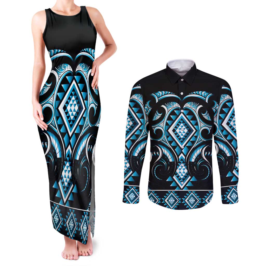 Blue Ngaru Taniko With Aotearoa Maori Tattoo Couples Matching Tank Maxi Dress and Long Sleeve Button Shirt