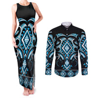 Blue Ngaru Taniko With Aotearoa Maori Tattoo Couples Matching Tank Maxi Dress and Long Sleeve Button Shirt