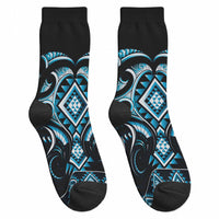 Blue Ngaru Taniko With Aotearoa Maori Tattoo Crew Socks