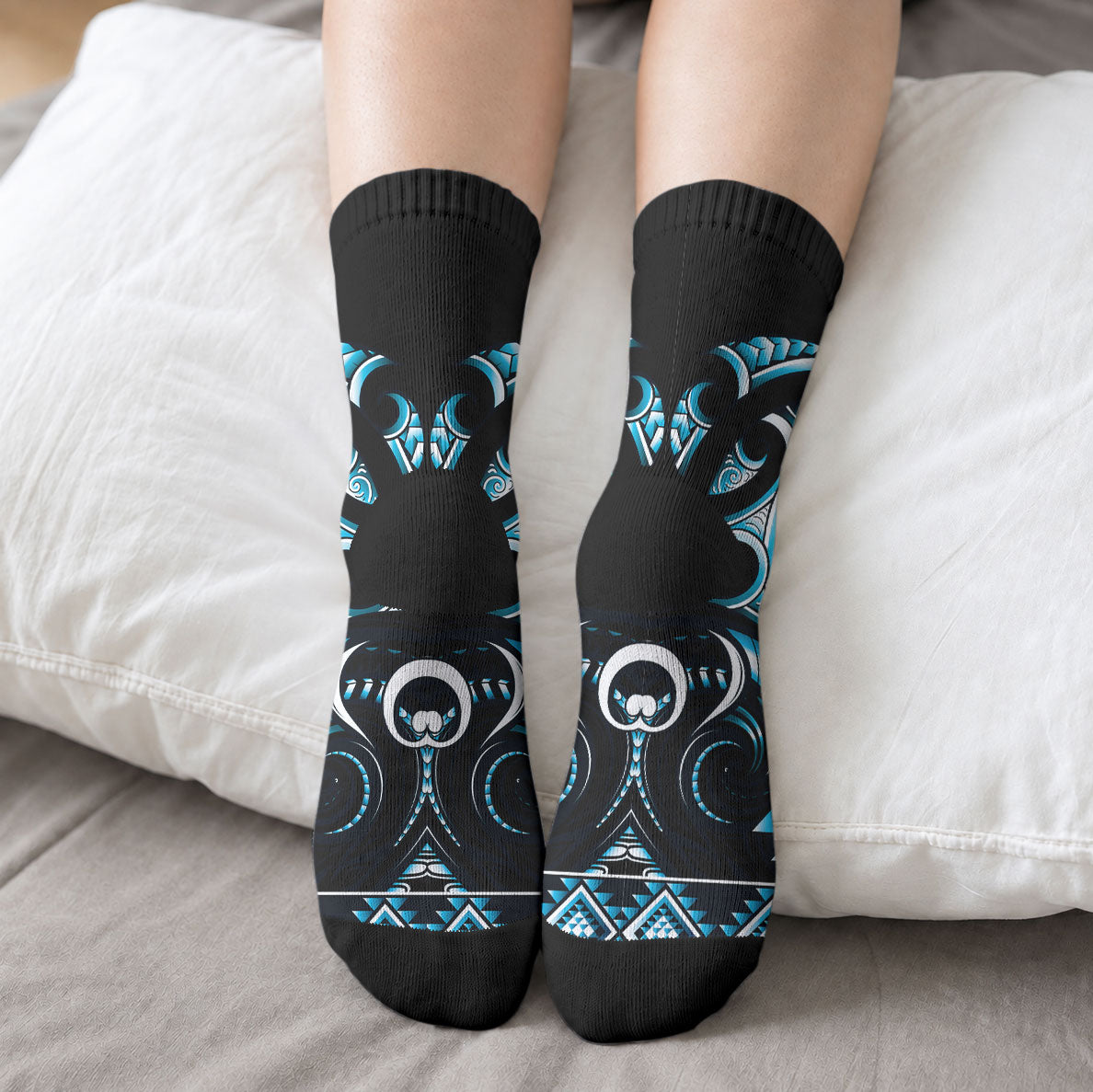 Blue Ngaru Taniko With Aotearoa Maori Tattoo Crew Socks