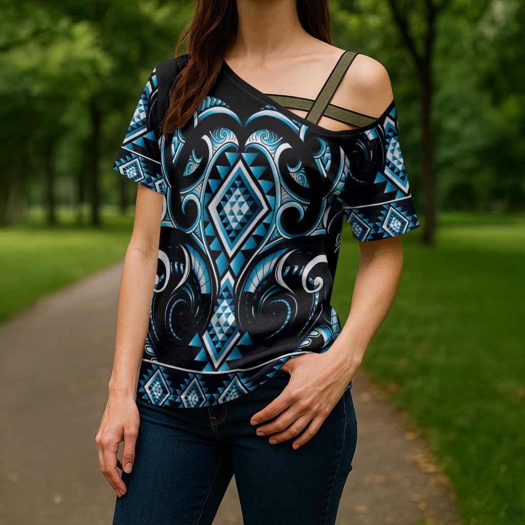 Blue Ngaru Taniko With Aotearoa Maori Tattoo Cross Shoulder Shirt - Polynesian Pride