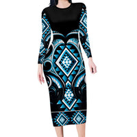 Blue Ngaru Taniko With Aotearoa Maori Tattoo Family Matching Long Sleeve Bodycon Dress and Hawaiian Shirt LT14 Mom's Dress Blue - Polynesian Pride