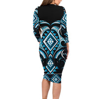 Blue Ngaru Taniko With Aotearoa Maori Tattoo Family Matching Long Sleeve Bodycon Dress and Hawaiian Shirt LT14 - Polynesian Pride