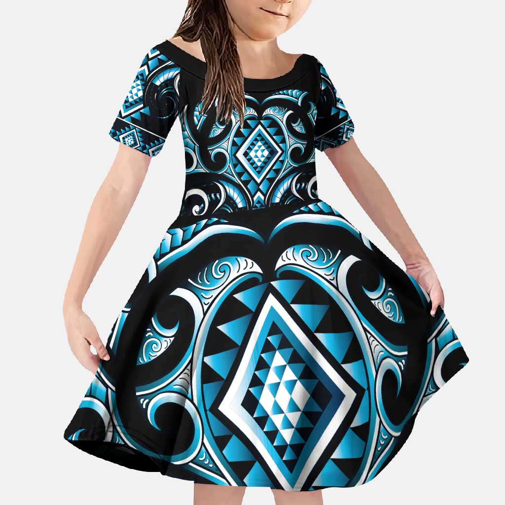 Blue Ngaru Taniko With Aotearoa Maori Tattoo Family Matching Mermaid Dress and Hawaiian Shirt LT14 Daughter's Dress Blue - Polynesian Pride