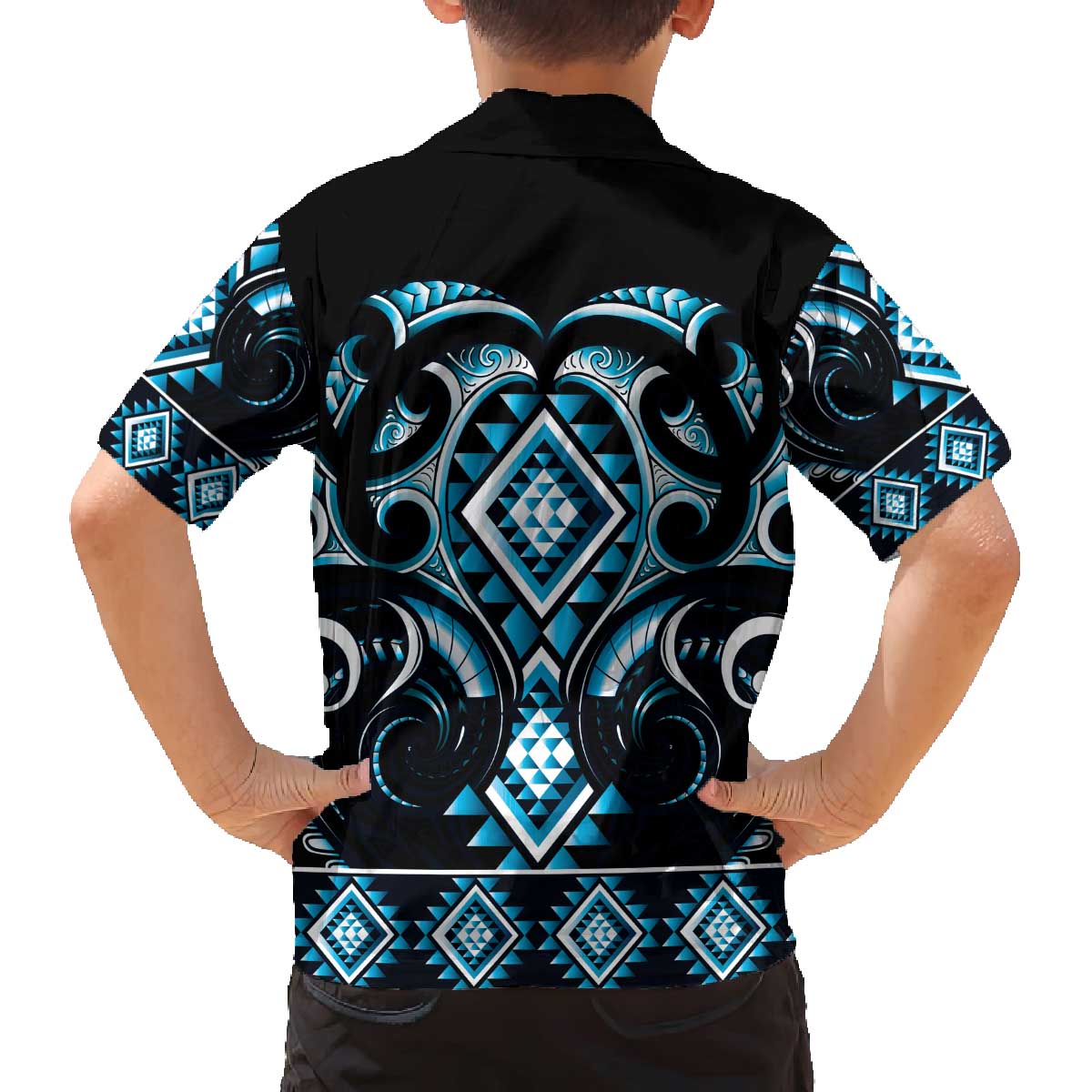 Blue Ngaru Taniko With Aotearoa Maori Tattoo Family Matching Off The Shoulder Long Sleeve Dress and Hawaiian Shirt LT14 - Polynesian Pride