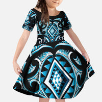 Blue Ngaru Taniko With Aotearoa Maori Tattoo Family Matching Off The Shoulder Long Sleeve Dress and Hawaiian Shirt LT14 Daughter's Dress Blue - Polynesian Pride