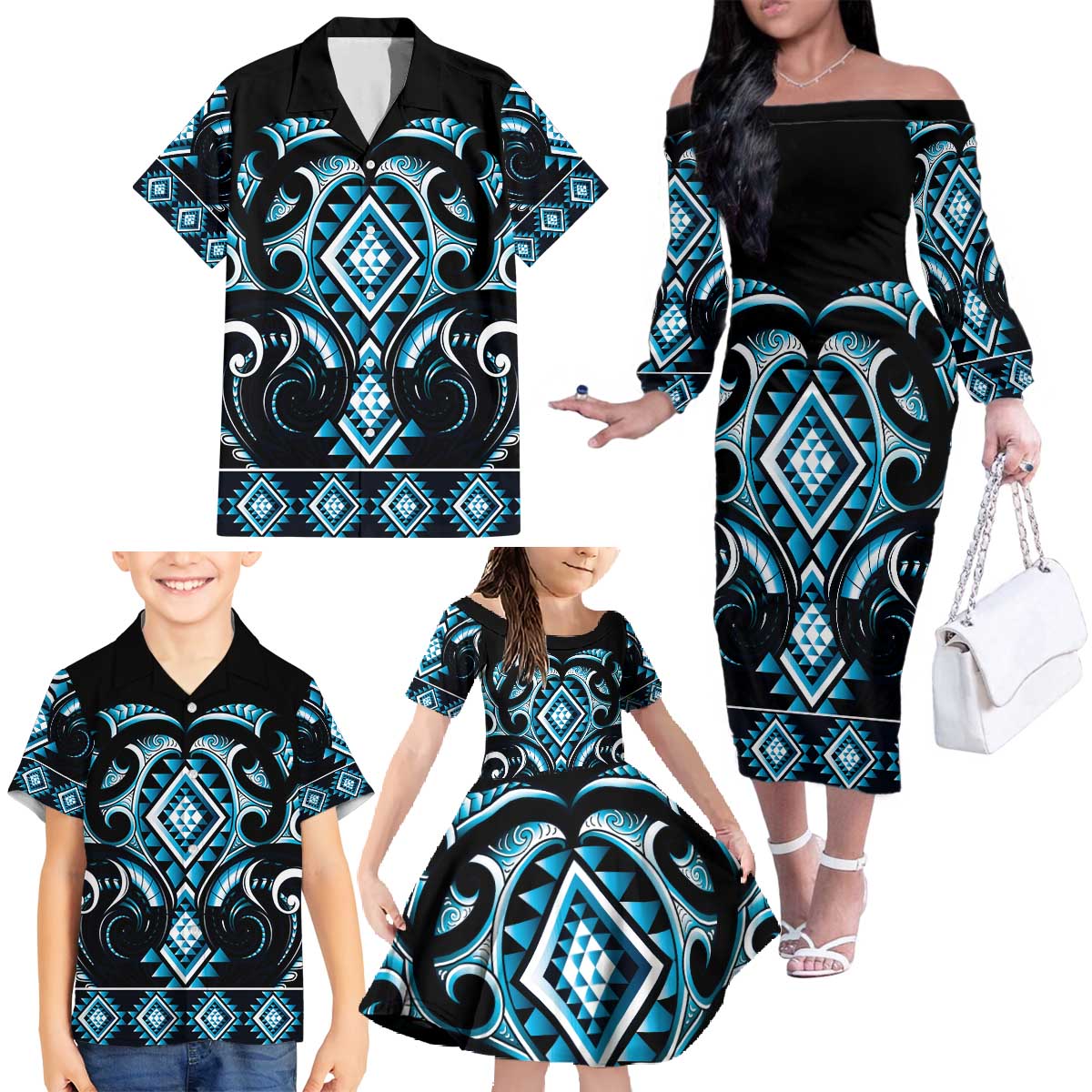 Blue Ngaru Taniko With Aotearoa Maori Tattoo Family Matching Off The Shoulder Long Sleeve Dress and Hawaiian Shirt LT14 - Polynesian Pride