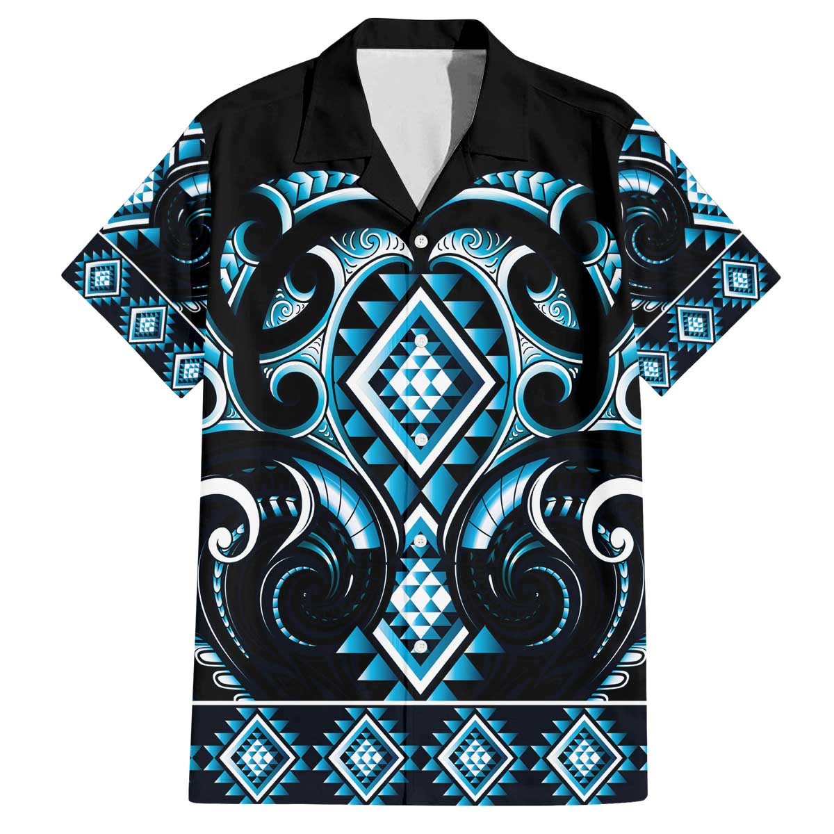 Blue Ngaru Taniko With Aotearoa Maori Tattoo Family Matching Off The Shoulder Long Sleeve Dress and Hawaiian Shirt LT14 Dad's Shirt - Short Sleeve Blue - Polynesian Pride