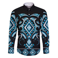 Blue Ngaru Taniko With Aotearoa Maori Tattoo Family Matching Off The Shoulder Long Sleeve Dress and Hawaiian Shirt LT14 Dad's Shirt - Long Sleeve Blue - Polynesian Pride